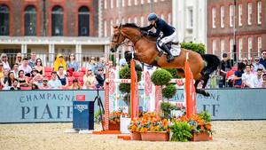 Horse and rider jumping a fence in competition with a crowd watching